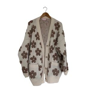 Pink Lily Beige Cardigan with Leaf Pattern